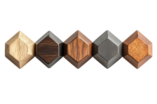 Elegant geometric wood and metal accents showcase exquisite craftsmanship rich textures and diverse color palettes against a stark black on transparent background