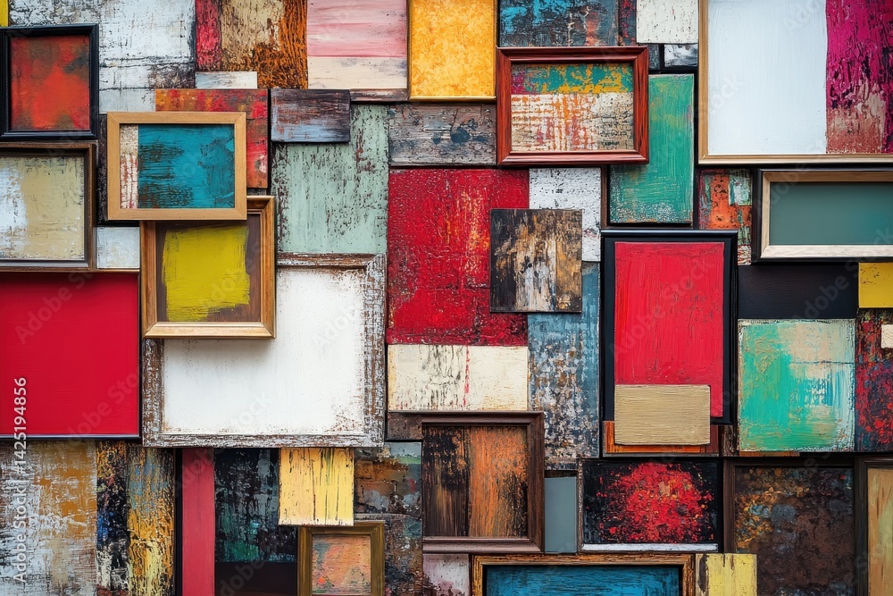Poster a wall of colorful, textured paintings in various frames is featured. use this image for artistic pr