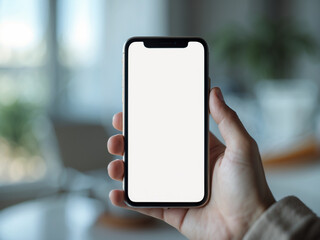 Hand holding a modern smartphone with a blank white screen, against a blurred background. Ideal for app or website mockups.
