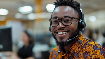 Friendly black man wears headset, smiling in a vibrant call center. Ideal for illustrating customer service, support, and positive communication.