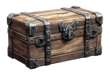 A weathered wooden chest with sturdy metal clasps hinting at untold stories and hidden on transparent background