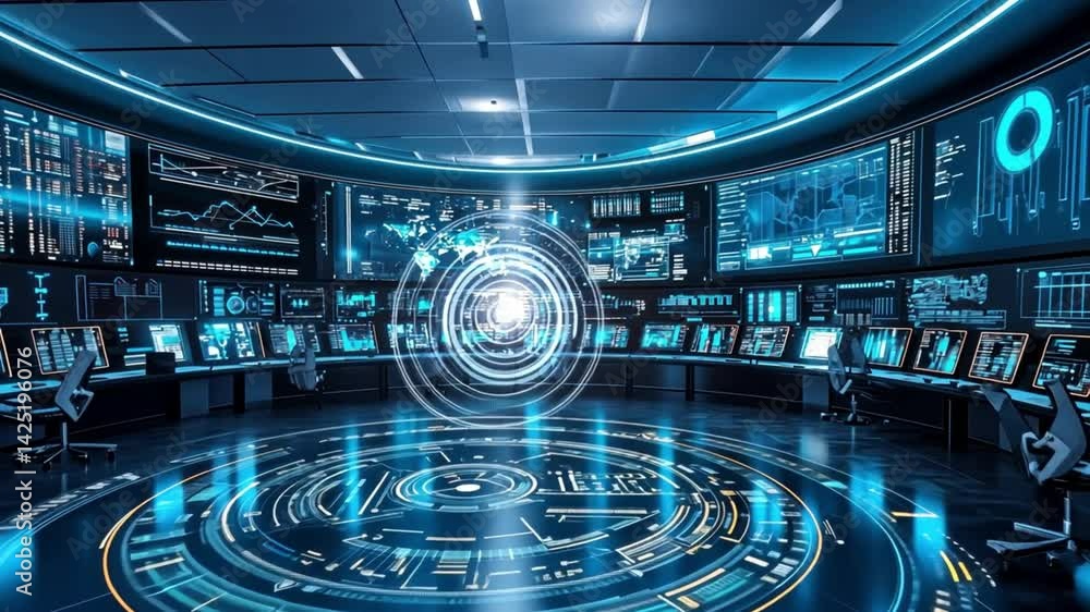 Aufkleber futuristic control room with multiple screens and glowing data displays