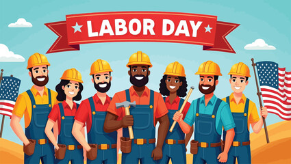 Happy Labor Day Diverse Workers Team Celebration