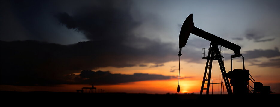 Silhouette of a pump jack at sunset extracting oil from the ground. Concept of petroleum industry, fossil fuels, production, import, export business.