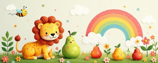 Cute bohemian lion, pear, bee, car & rainbow nursery print, childish, wall art