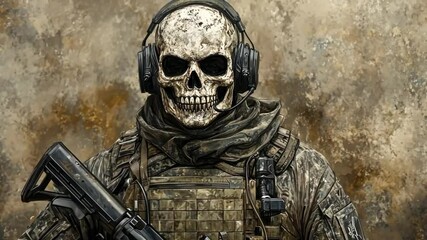 Skeleton soldier in tactical gear with headset and weapon artistic representation