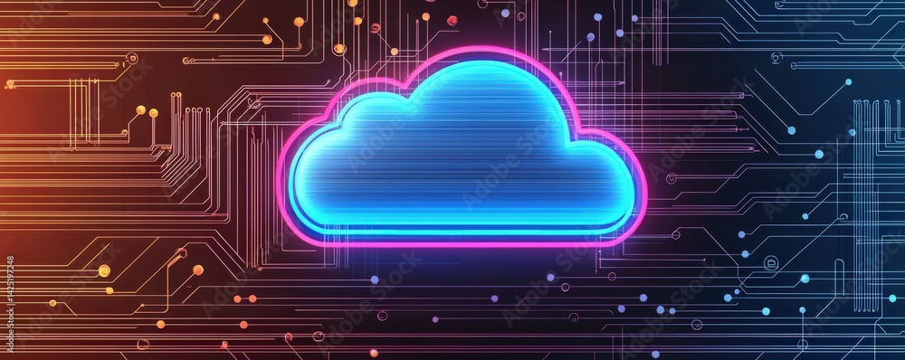 Poster a colorful, stylized cloud symbol against a backdrop of digital circuitry, representing cloud comput