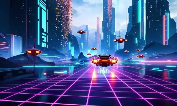 Futuristic Cityscape with Hovering Vehicles at Twilight in a video