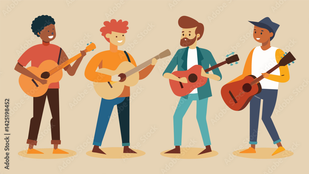Poster a group of musicians discussing and debating the merits of different secondhand guitars each holding