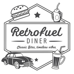 Retrofuel Diner Logo: Classic 1950s Diner Emblem with Burger, Milkshake, Car, and Star Accents. Vintage Food & Drink Design.