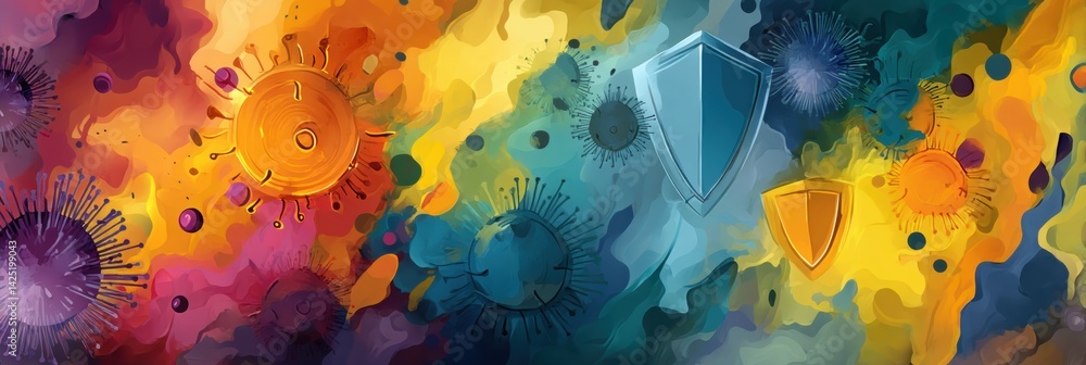 Poster vibrant abstract representation of a healthy immune system featuring colorful shields and virus form