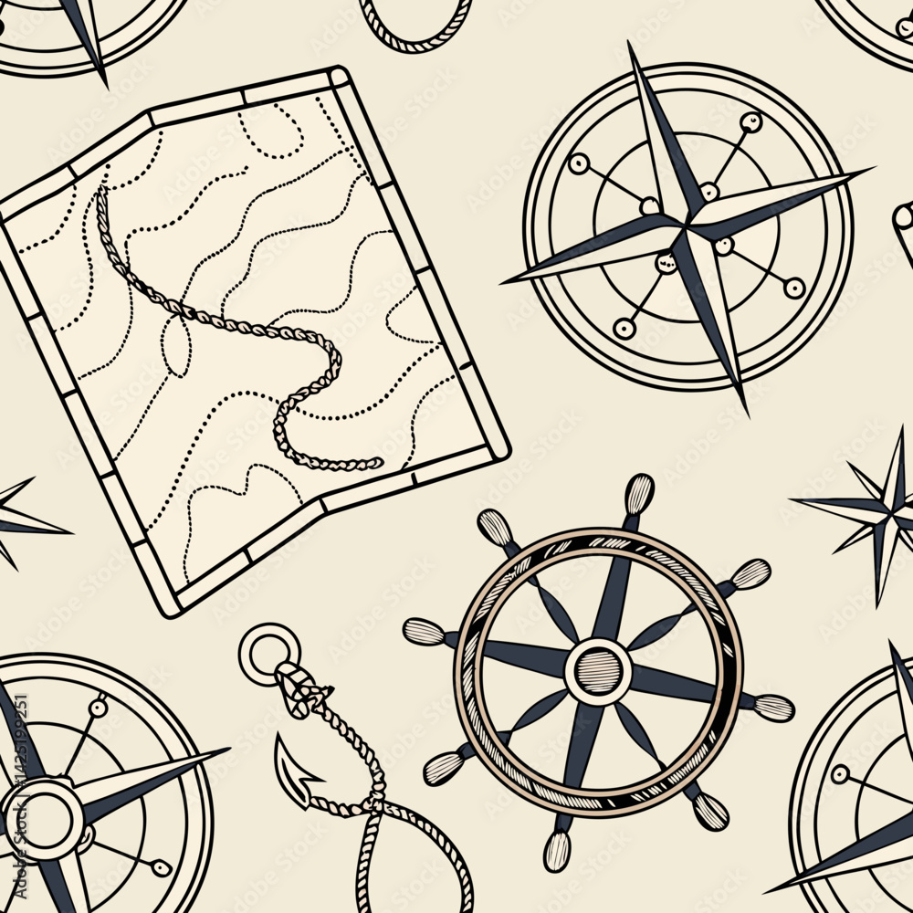 Poster seamless nautical vector pattern with maps and compasses