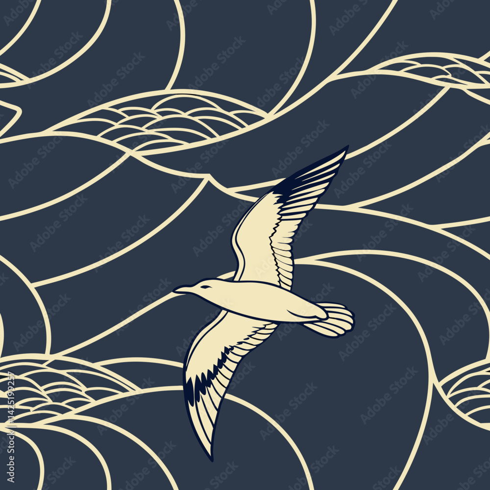 Poster seamless vector pattern featuring a flying bird above waves