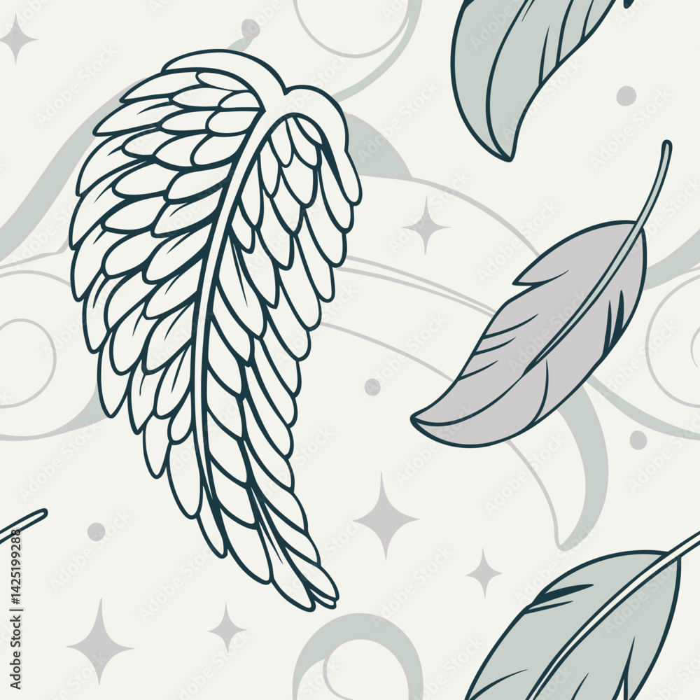 Poster seamless vector pattern of intricately drawn feathers and wings