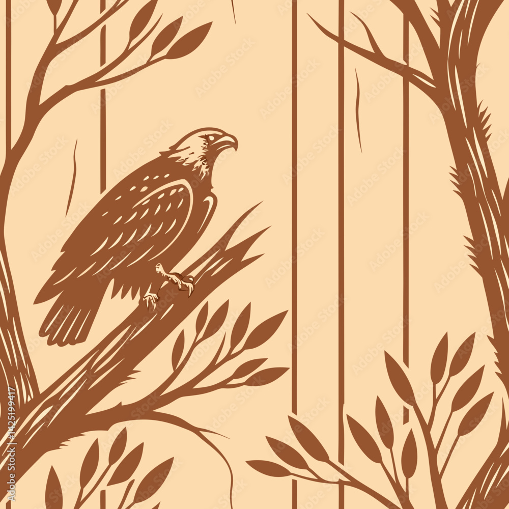 Poster seamless vector pattern of bird in trees with foliage