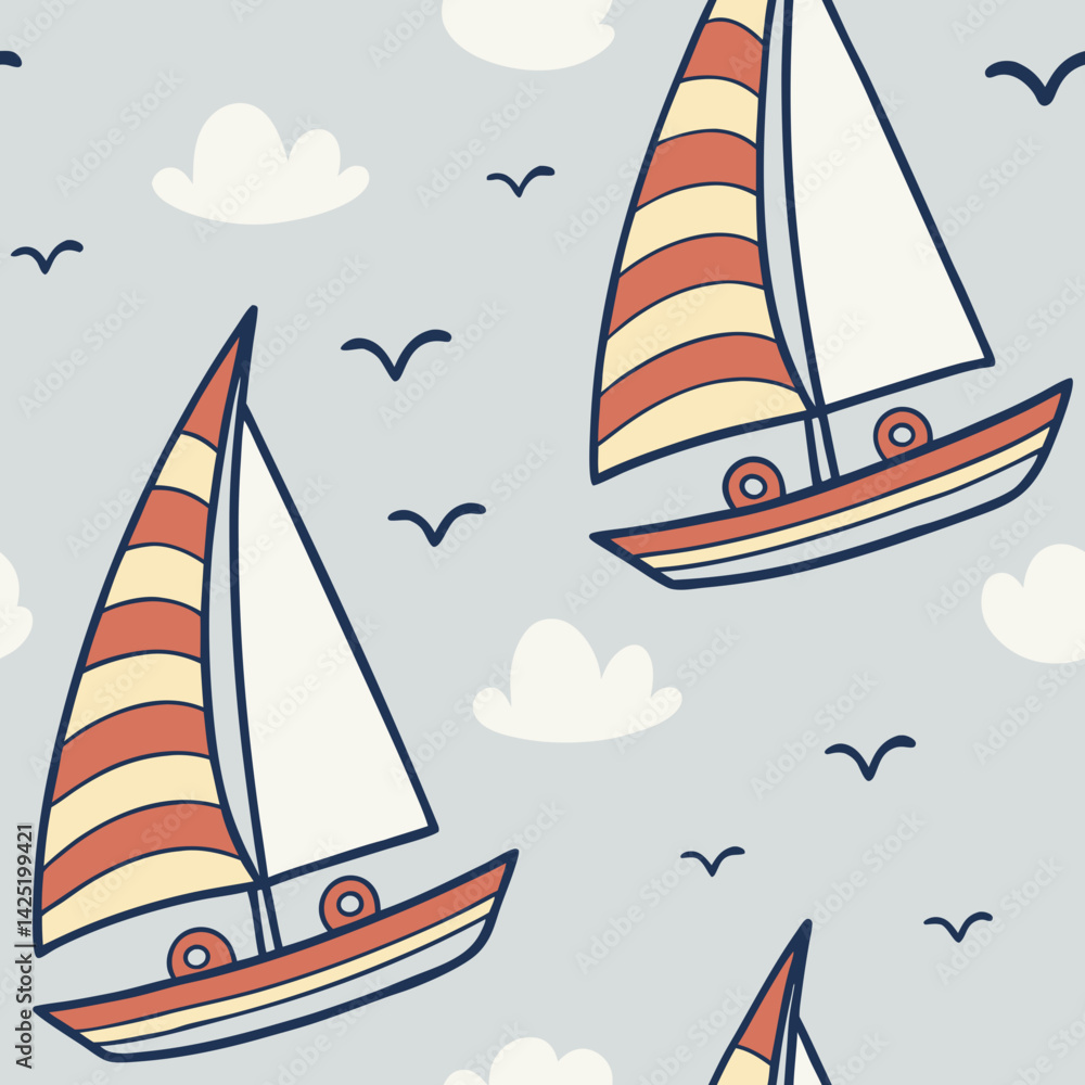 Poster seamless vector pattern of sailboats and clouds in soft colors