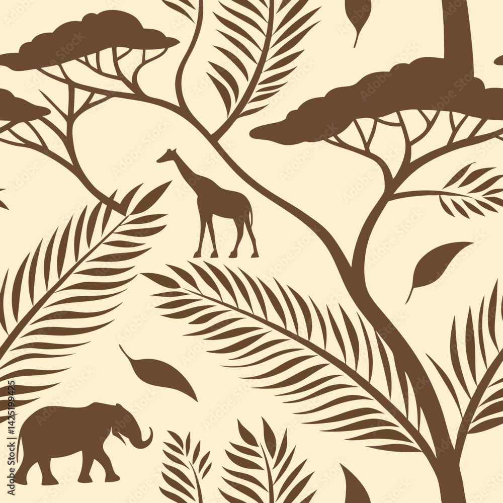Poster seamless vector pattern of wildlife with trees and animals