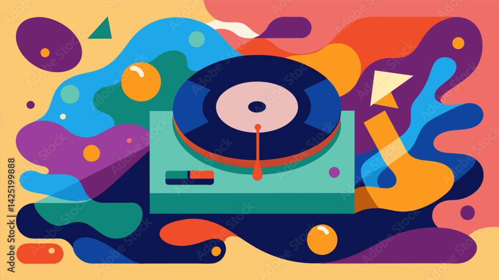 Poster a record player designed to look like a piece of abstract art with a fluid asymmetrical shape and bo