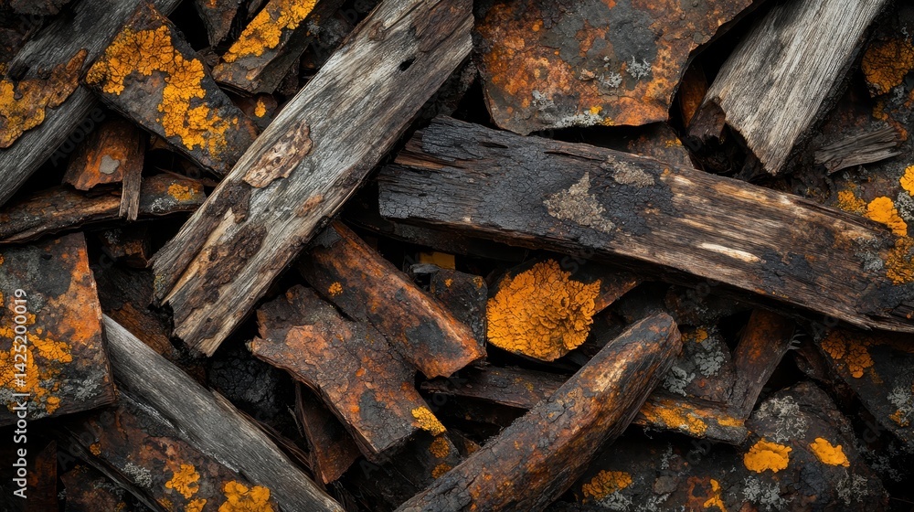 Poster weathered planks with orange lichen create an abstract texture. perfect as a rustic background for t