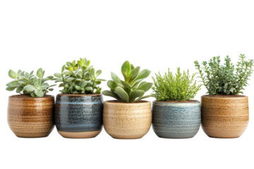 Five vibrant succulent plants in rustic ceramic pots a delightful home decor arrangement with earthy tones against a black on transparent background
