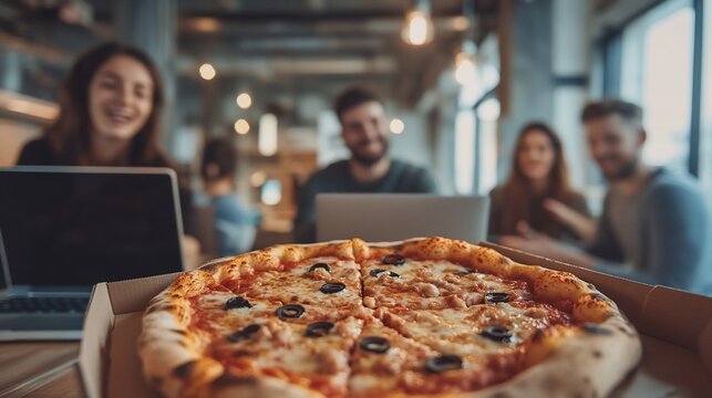 Pizza and Laptops. Happy people