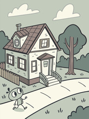 Cartoon House with Running Figure on Path in a Black and White Illustration Style, Suburban Scene