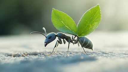 Ant with leaves as wings, sustainable imagery