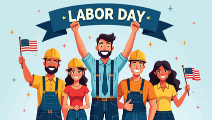 Happy Labor Day Diverse Workers Celebrating with Flags