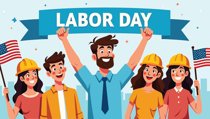 Happy Labor Day Celebration Diverse Workers Holding Banner