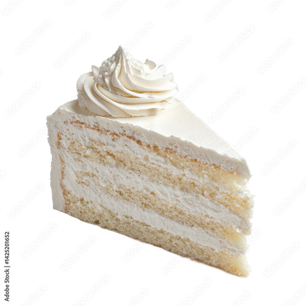 Poster a single slice of white cake with multiple layers and white frosting on top isolated on black backgr