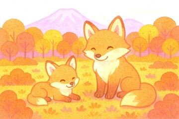 紅葉の森でほほえむ親子キツネ generative AI