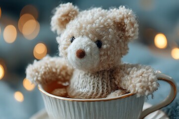 A plush teddy bear sitting in a teacup, exuding comfort and charm in a cozy, whimsical scene.