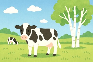 のどかな牧場の牛と白樺の木のイラスト（さわやかな夏の風景） generative AI