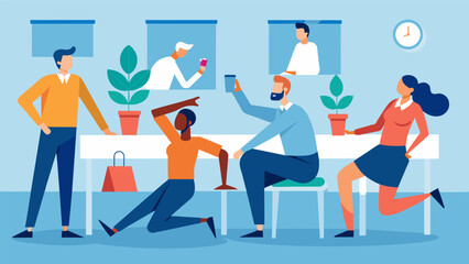 During a long meeting a designated stretch and water break is scheduled to give employees a chance to refresh recharge and refocus for the remainder. Vector illustration