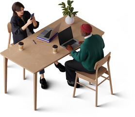 isometric view of young woman taking picture of man working on laptop