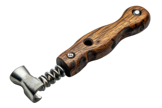 Unique handcrafted bottle opener with a rustic wood handle and a spring loaded mechanism on transparent background