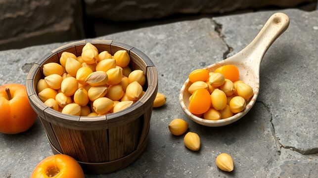 apricot kernels in old wooden bucket and some kernels in ceramic spoon on stone table