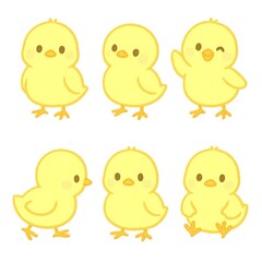 Naklejka premium いろんなポーズのひよこ6体セット（明るくてかわいい小鳥キャラクター）generative AI