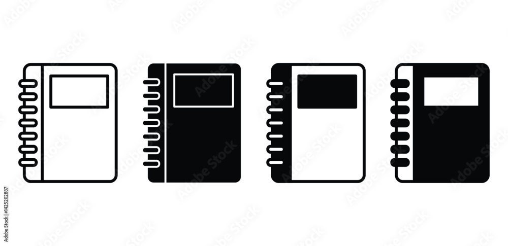 Poster spiral bound notebook icons set black and white color vector design