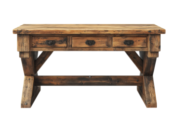 Rustic Farmhouse Console Table with Three Drawers Aged Wood Finish Sturdy X Base Design Perfect on transparent background