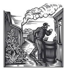 Detailed Engraving of Worker by Barrel in Industrial Landscape Scene
