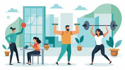 Fototapeta premium In the office courtyard a group of employees are doing a bootcampstyle workout using office supplies as weights in their innovative lunch break. Vector illustration