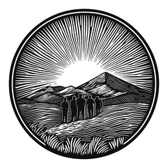 Silhouette of Figures Against Mountain Landscape Engraving Illustration
