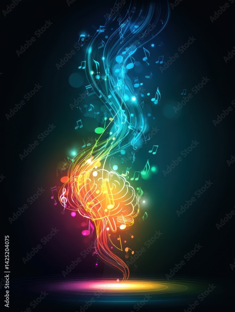 Poster bright brain icon radiates happiness with flowing music notes and colorful light effects in a vibran
