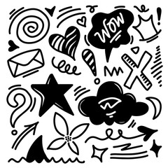 Hand drawn doodle design elements. flower, Arrow, heart, crown, star and other,