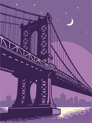 Fototapeta premium Manhattan Bridge at Night Illustration, Purple Tones, Art Deco Style, NYC Skyline, Crescent Moon, Suspension Bridge, Vector