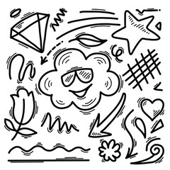 Hand drawn marker simple elements set. Doodle pen signs and effects. Simple star, glitter, heart, flower objects. Decorative pencil curved symbols and shape.