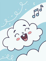 Happy Singing Cloud Cartoon Illustration in Sky with Musical Notes, Whimsical and Cheerful Design for Children's Content