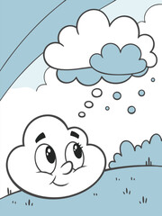 Fototapeta premium Cartoon Cloud Contemplating Rain: Cute Illustration of a Smiling Cloud Dreaming of Precipitation in Blue and White, Weather Theme