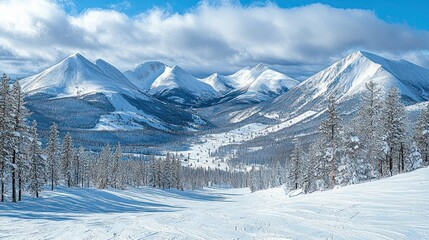 Fototapeta premium Snowy mountain range with ski runs